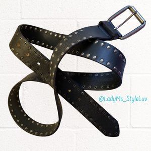 Black Genuine Leather Belt Gunmetal Flat Studs Studded Vintage 90s 49"